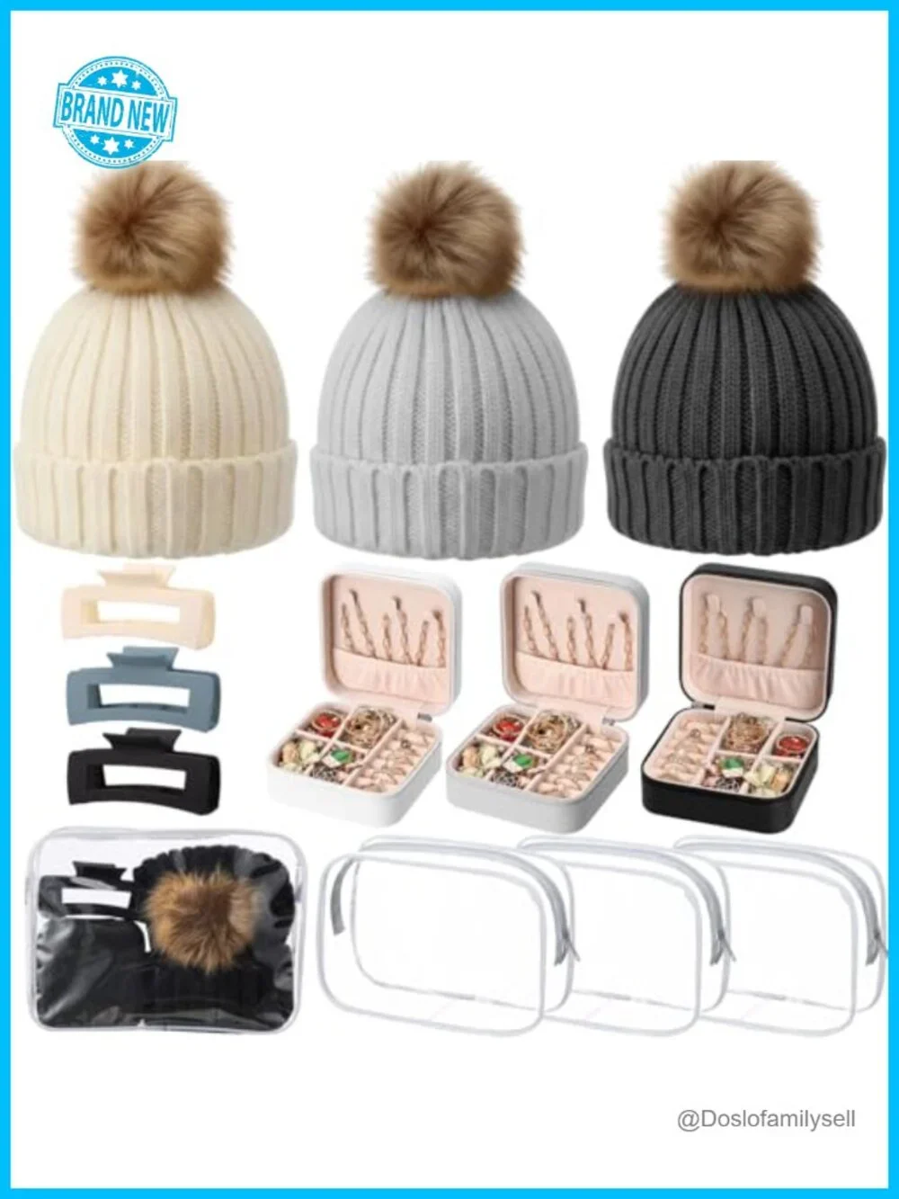 12-Piece Winter Beanie Hat Set with Hair Clips, Jewelry Organizers & Cosmetic